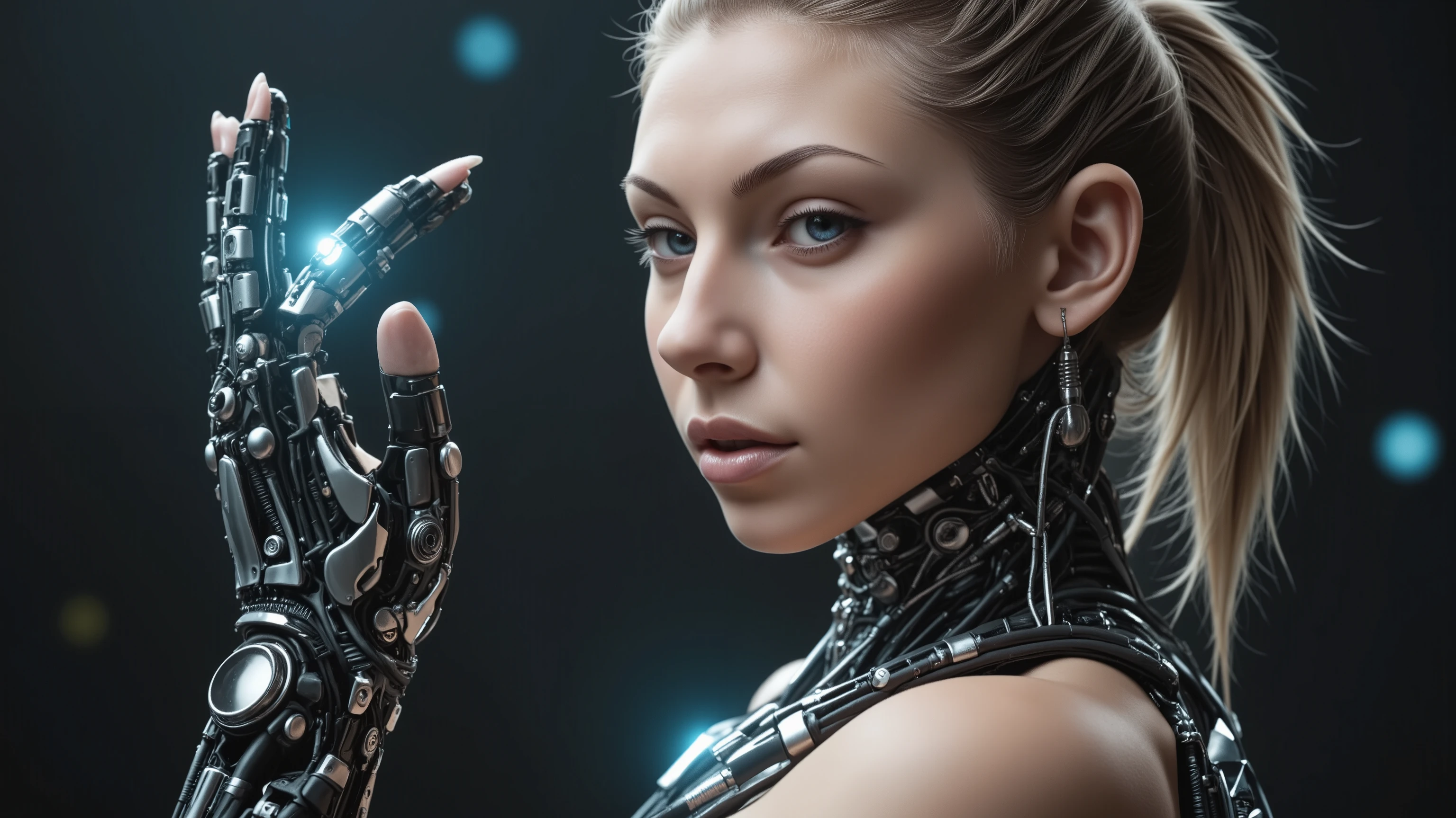 A stunning full-body portrait of a young woman, blending human and cybernetic features. She stands tall, her porcelain-like face glowing with soft studio light, accentuated by a rim light on the hairline. Robotic parts seamlessly integrated into her body, with wires and microchips visible beneath her skin. Her facial muscles subtly contorted in a serene expression, as if processing information. Cable electric wires tracing along her arms, merging with the intricate details of her hands. Hyperrealistic rendering captures every pore, eyelash, and lip detail, making it seem almost lifelike. Perfectly framed within a H. R. Giger-inspired cyberpunk setting, this masterpiece exemplifies photorealism in its purest form, worthy of UHD, HDR, and 16K resolution.