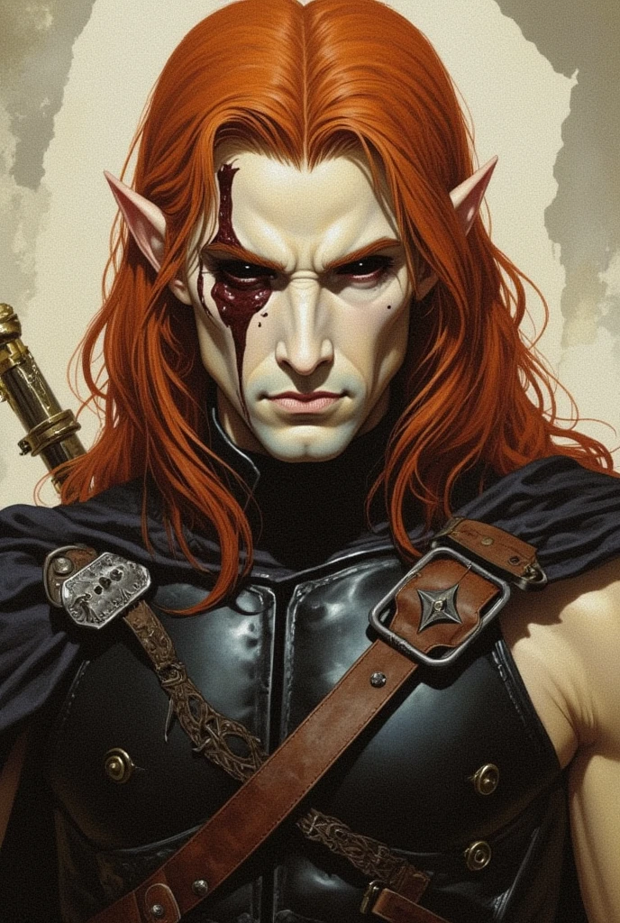 masterpiece, noise reduction, one boy, Best quality, sharp image, permission 8k, sharp image, Just focus, stunning composition, Volumetric lighting, super quality, Very detailed, medieval fantasy, adult male elf, long red curly hair, a few strands fall on your face, scar on the lip, Sharp facial features, heavy tired look, smiling, blue cold eyes, thin, skinny, thin, pale skin, freckles on the face, neck and shoulders, black robe necromancer, Red hair, surrounded by dead people and zombies