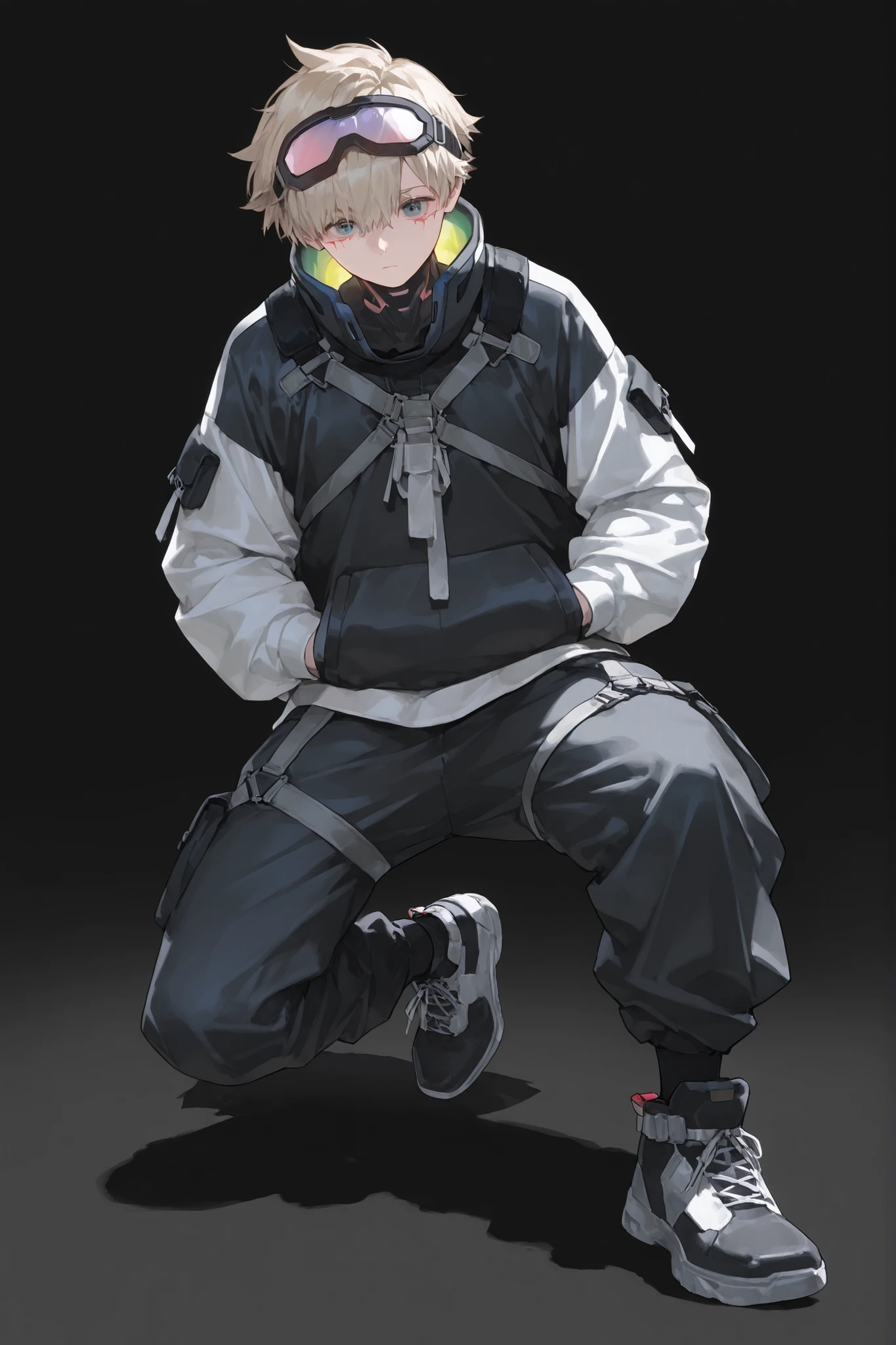 ,techwear cyberpunk fashion,1boy, accessories, dynamic pose, rounded goggles on head, long sleeves, simple background, urban clothes, looking at viewer, very long sleeves, (full body), hands in pockets