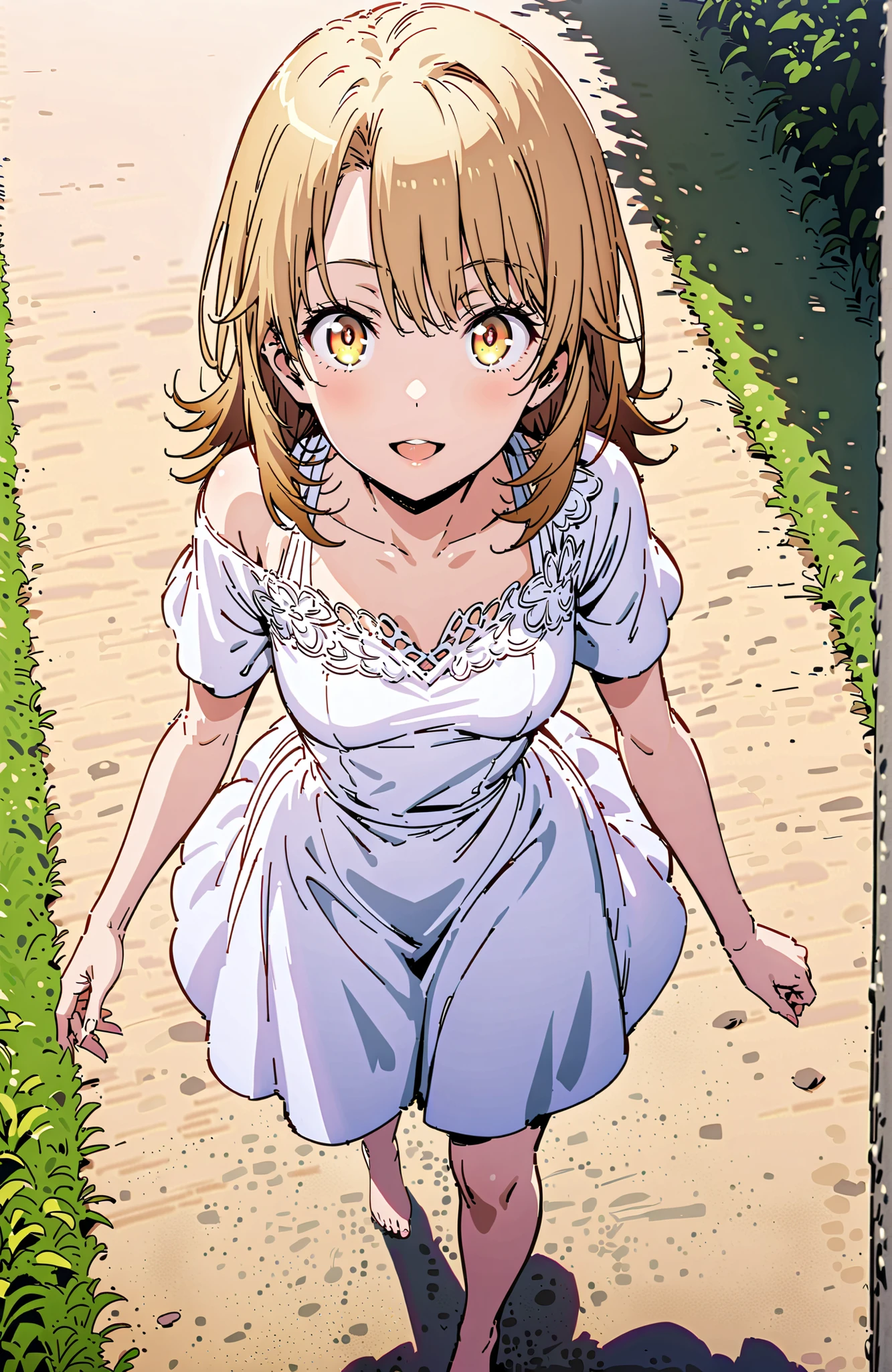 Irohaisshiki, Isshiki Iroha ,solo, long hair, brown hair, brown eyes,Medium breast, White Off Shoulder Dress,smile,cover,open your mouth,Short sleeve, white long skirt,bare feet,are walking,morning,full bodyがillustrationsに入るように,break outdoors,strand,sea,
break looking at viewer,full body,
break (masterpiece:1.2), Best Quality, high resolution, Unity 8k 壁紙, (illustrations:0.8), (beautiful detailed eyes:1.6), very detailed face, perfect lighting on the table, Extremely Detailed CG, (perfect hand, perfect anatomy),