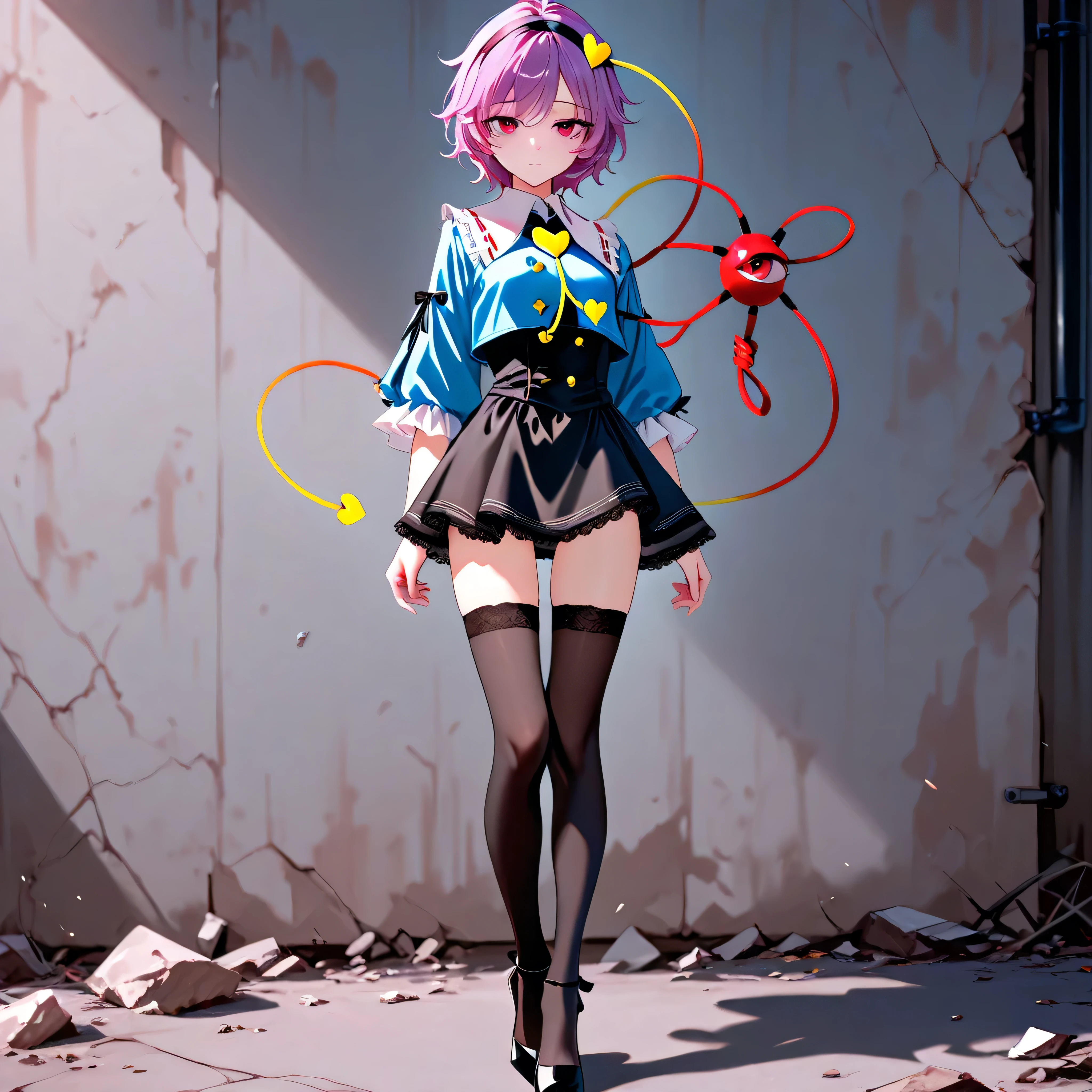 (score_9), komeiji_satori, longlegs_v0.22_pony, solo, 1 skinny girl standing, BREAK, (cropped coat), black short dress, thigh gap, black thighhighs, stiletto heels, BREAK, looking at viewer