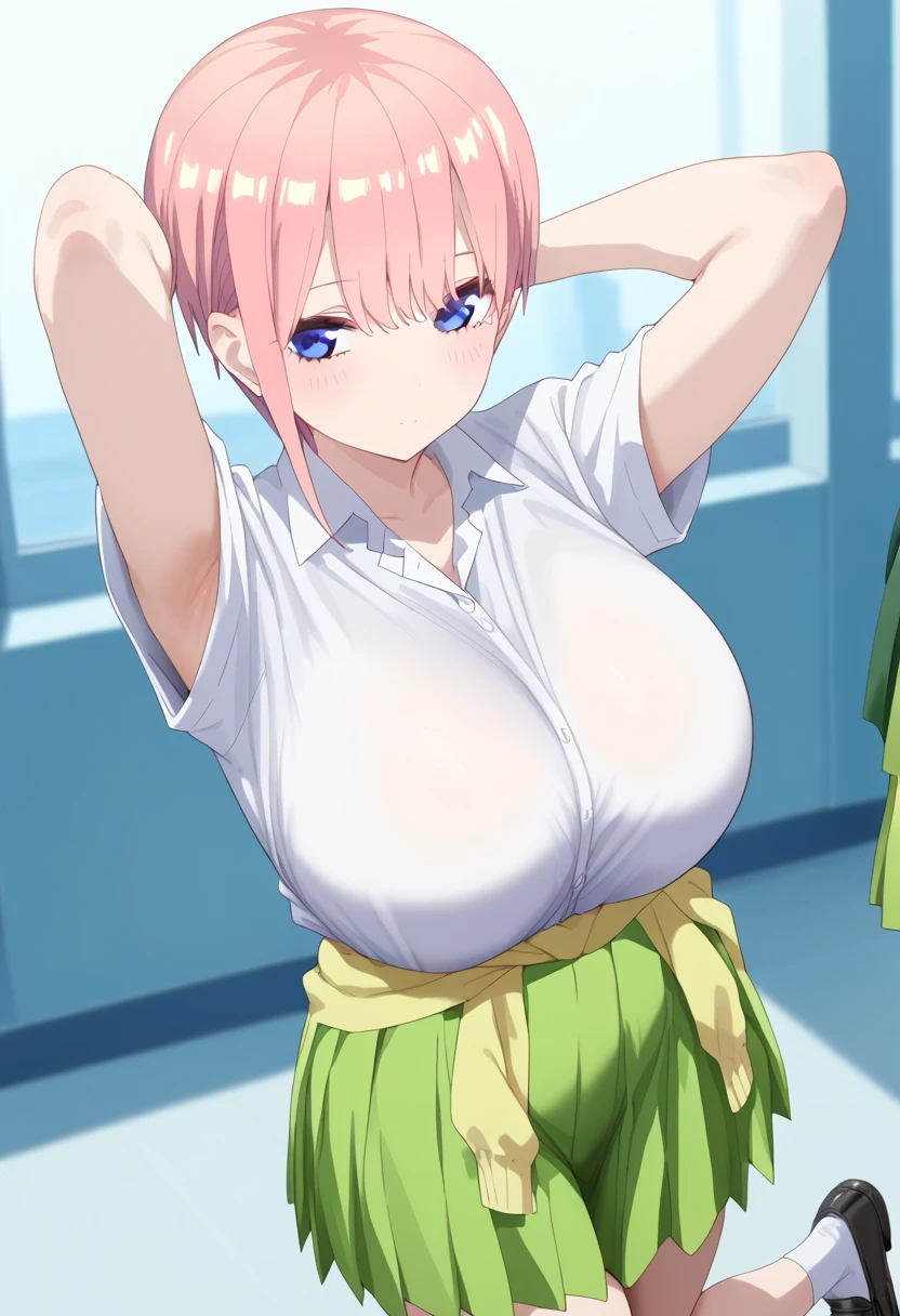 ichikanakano, ichika nakano, One female、short hair, bangs, blue eyes, Hair between the eyes, Pink Hair, smile, break skirt, shirt, , white shirt, Short sleeve, Pleated skirt, shoes, shoes下, collared shirt, Black footwear, sweater, white shoes下, (Green Skirt:1.5), loafers, Waist clothes, break indoors, classroom, break looking at viewer, (Cowboy Shot:1.5), break (masterpiece:1.2), highest quality, High resolution, unity 8k wallpaper, (figure:0.8), (Beautiful fine details:1.6), Highly detailed face, Perfect lighting, Highly detailed CG, (Perfect hands, Perfect Anatomy),sexyポーズ、Leaning forward、blush、View your viewers、cute、Her chest is F cup、Large breasts、Embarrassed face、Mischievous Smile、超sexy、sexy、Erotic、Looking up、sexy、sex appeal、Eroticチック、Push your breasts together。Thighs、Big Tits、Oily skin、valley、胸のvalley、Seduce your audience、On all fours