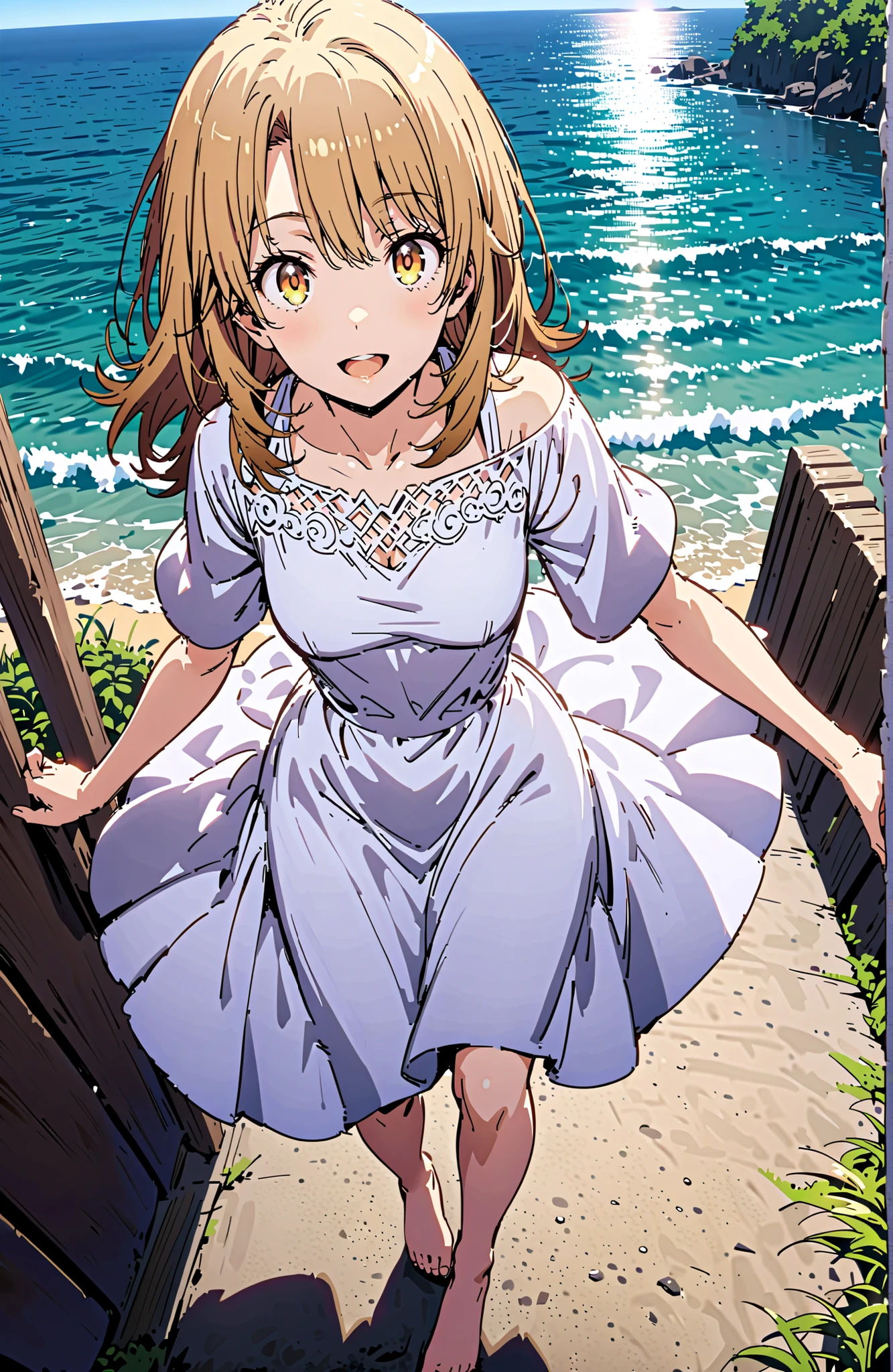Irohaisshiki, Isshiki Iroha ,solo, long hair, brown hair, brown eyes,Medium breast, White Off Shoulder Dress,smile,cover,open your mouth,Short sleeve, white long skirt,bare feet,are walking,morning,full bodyがillustrationsに入るように,break outdoors,strand,sea,
break looking at viewer,full body,
break (masterpiece:1.2), Best Quality, high resolution, Unity 8k 壁紙, (illustrations:0.8), (beautiful detailed eyes:1.6), very detailed face, perfect lighting on the table, Extremely Detailed CG, (perfect hand, perfect anatomy),
