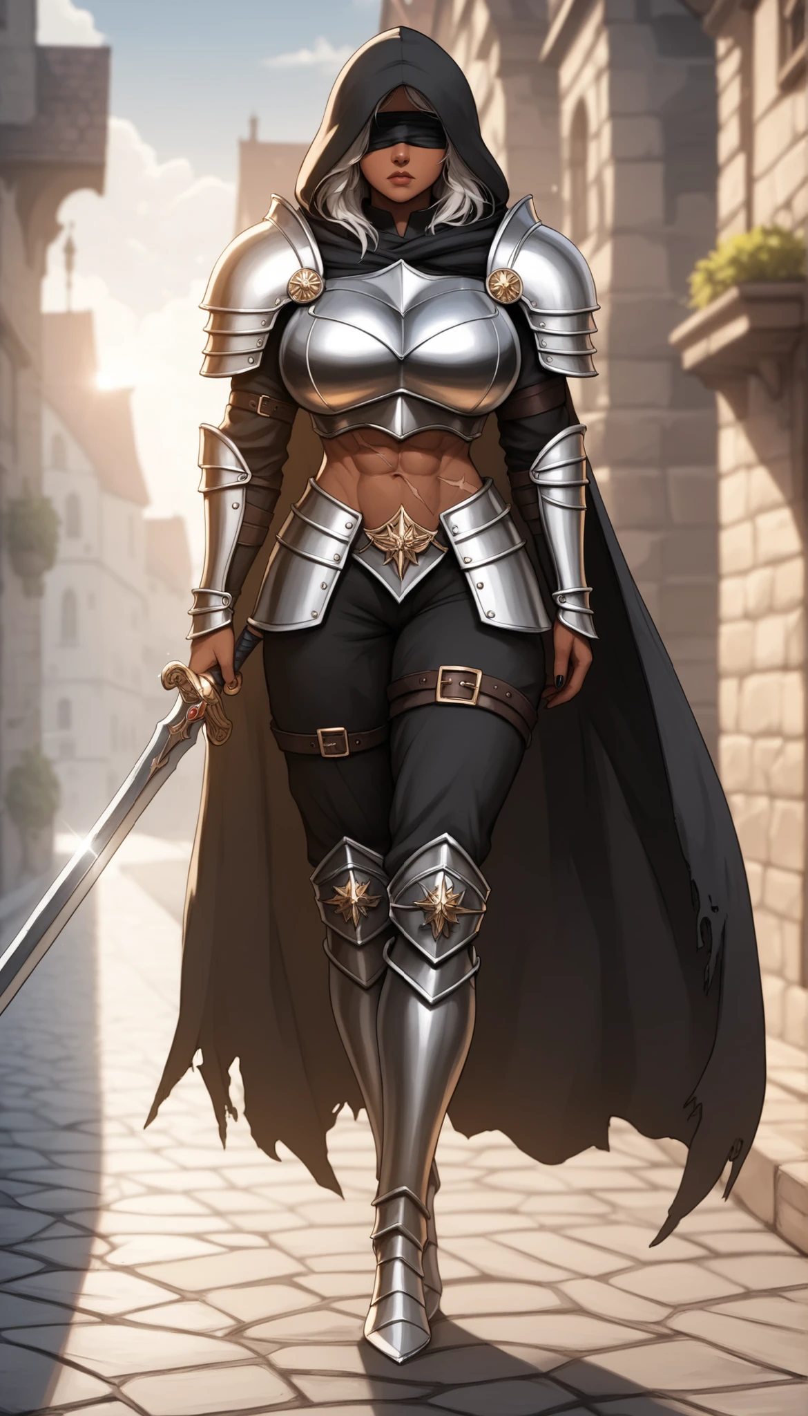 Watercolor, score_9, score_8_up, score_7_up, (Volumetric_lighting: 1.7), (masterpiece), (lora: detailed anime girlsXL), (lora: NoobAI-XL Detailer), (lora: smooth lighting enhancer) (lora: Detailed Background), (lora: NKxXmo's Shaded Face), (lora: SDXL high detailed. LoRA_SDXL_ARW_0010: 0.75), (lora: Waifu Eyes), BREAK outside, town, dark_sky, dark_clouds, (nighttime:1.4) 1girl, Tall, (scars:1.2), dark skin, dark_skin_tone, muscular, muscular_arms, long_shaggy_hair, (white_hair:1.2), black nails, bandage_blindfold, Tired (tired expression) standing, holding_greatsword, (full_metal_armor:1.2), Black_armor, gold_armor_trims, tattered_cape, Hood, full_body_shot, Huge breasts, Mature looks, MILF, 8k, (masterpiece), realistic, high_quality, detail_focused, Expressiveh