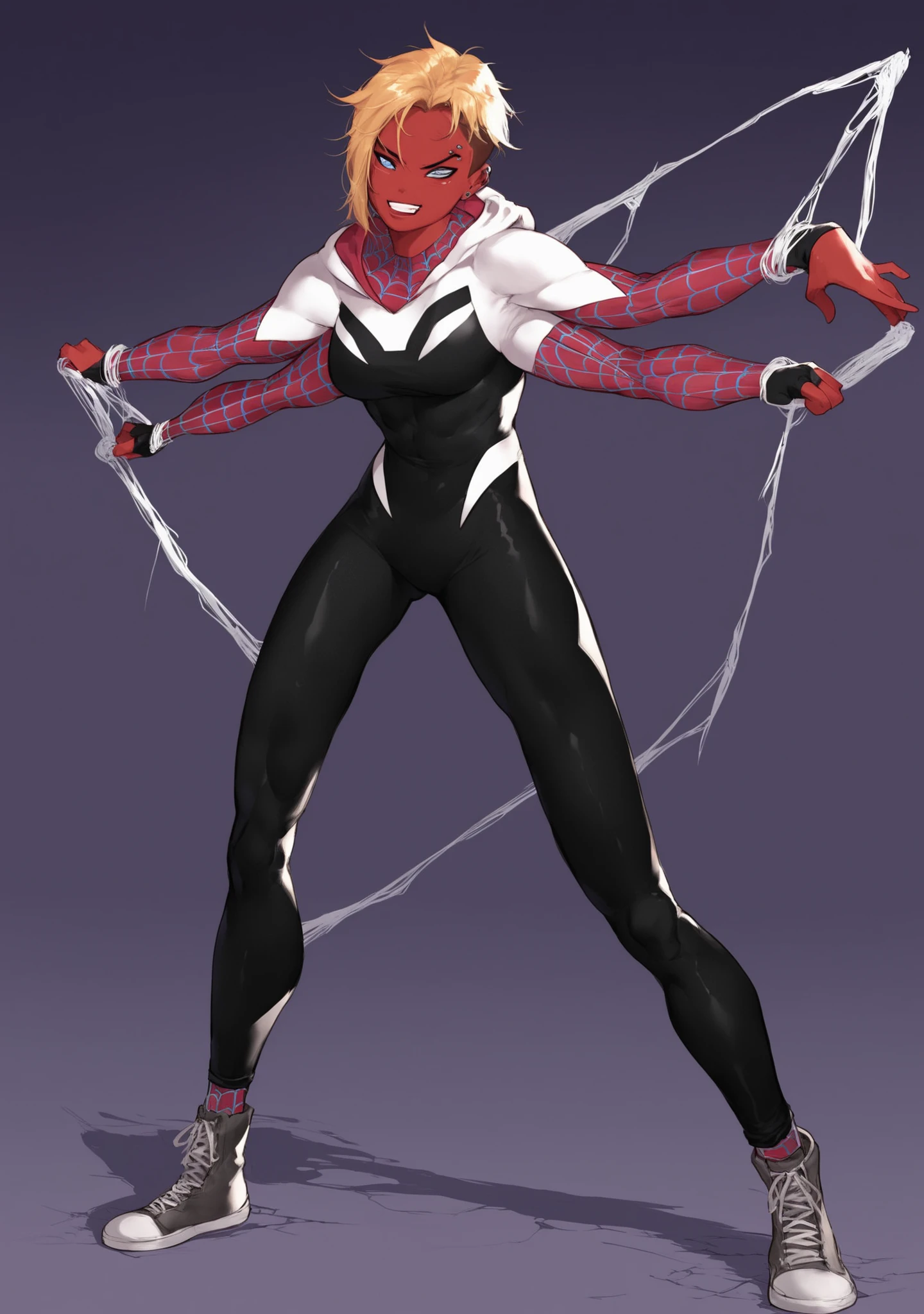 score_9, score_8_up, score_7_up, score_6_up, score_5_up, score_4_up, masterpiece, high quality, BREAK, full body, BREAK, 1girl, red skin, muscular, 4arms, multiple arms, multiple eyes, 4eyes, ben10, large, alien, colored skin, gwenstacysdxl, hood, solo, bodysuit, spider web print, hooded bodysuit, superhero, eyebrow piercing, asymmetrical hair, spider web, piercing, blonde hair, blue eyes, skin tight