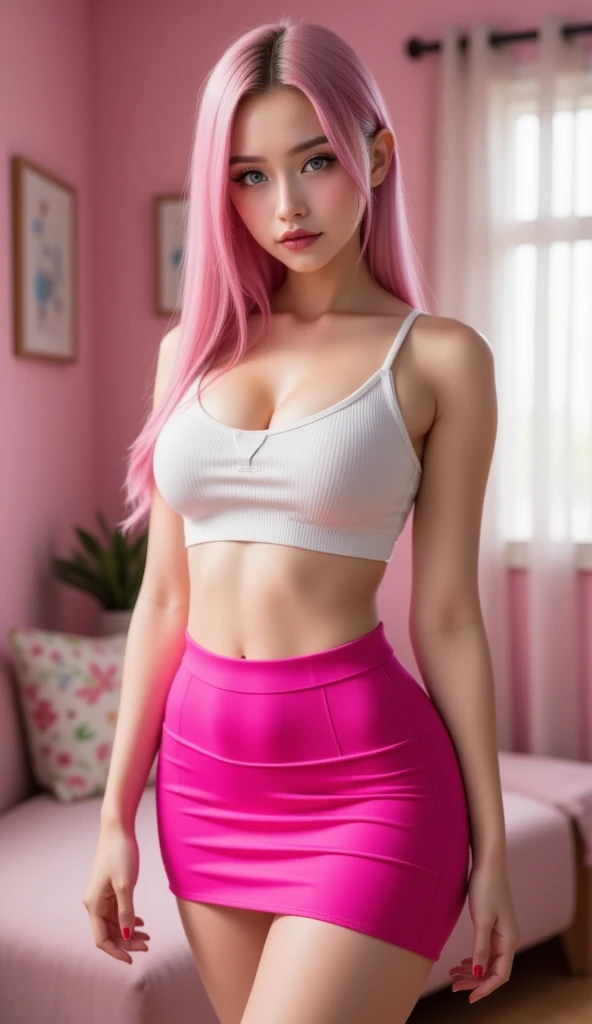 a woman with pink hair and a white blouse posing in a pink skirt, seductive girl, realistic 3d style, girl in real life, beautiful alluring mulher, trends on cgstation, skin-tight outfit, woman hyper realistic, trends on cgstation, attractive girl, revealing clothing, intriguing outfit, photorealistic character