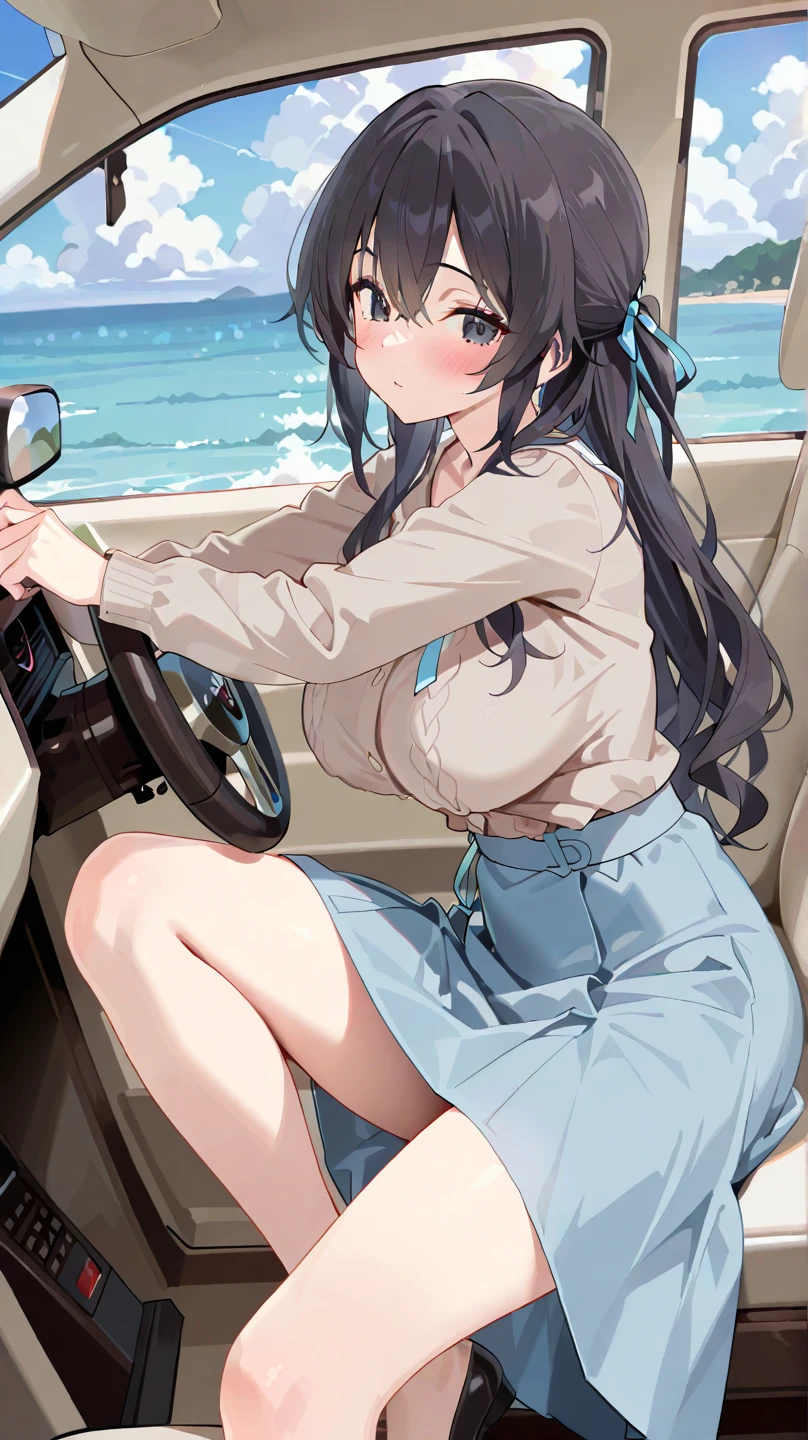 masterpiece, best quality, eyeliner, eyeshadow, looking at viewer, curvy, (full body shot) of (dollienobodysd15:0.8) wearing (party clothing:1.2), 1girl, solo, long hair, soft breasts, smirk, sleeveless, bangs, blush, clothing cutout, long hair, shiny skin, outdoors seat in the square, cloudy sky, upper body, ultra-detailed, illustration,