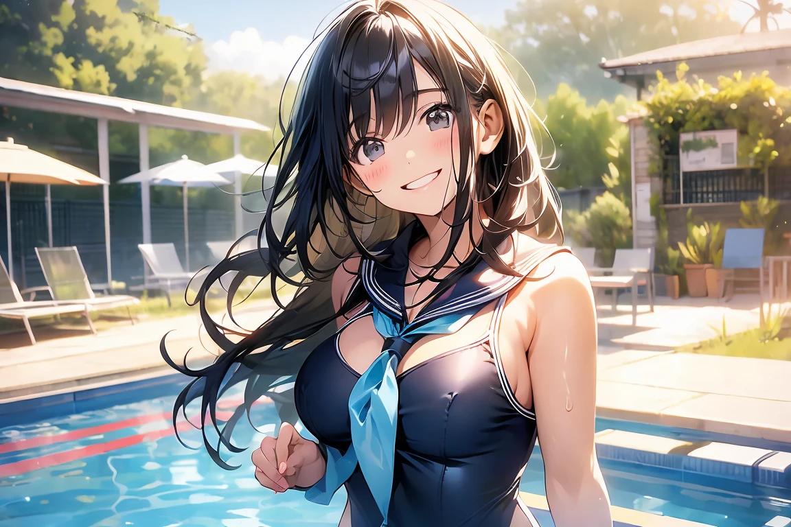 ((masterpiece, best quality, highres, UHD, perfect pixel, depth of field, 4k, RTX, HDR))), 1girl, single, solo, show off cleavage, beautiful girl, beautiful artstyle, ((Detailed beautiful eyes, beautiful eyelashes, realistic eyes)), ((detailed face)), ((smooth texture:0.75, realistic texture:0.65, photorealistic:1.1)), large breasts, perfect body, ((cowboy shot)), ((( Sheer sailor shirt, Sleeveless, Open front))), (((Navel ))), (((Sheer Micro Mini Skirt))), smile, poolside, , Perfect Eyes Eyes