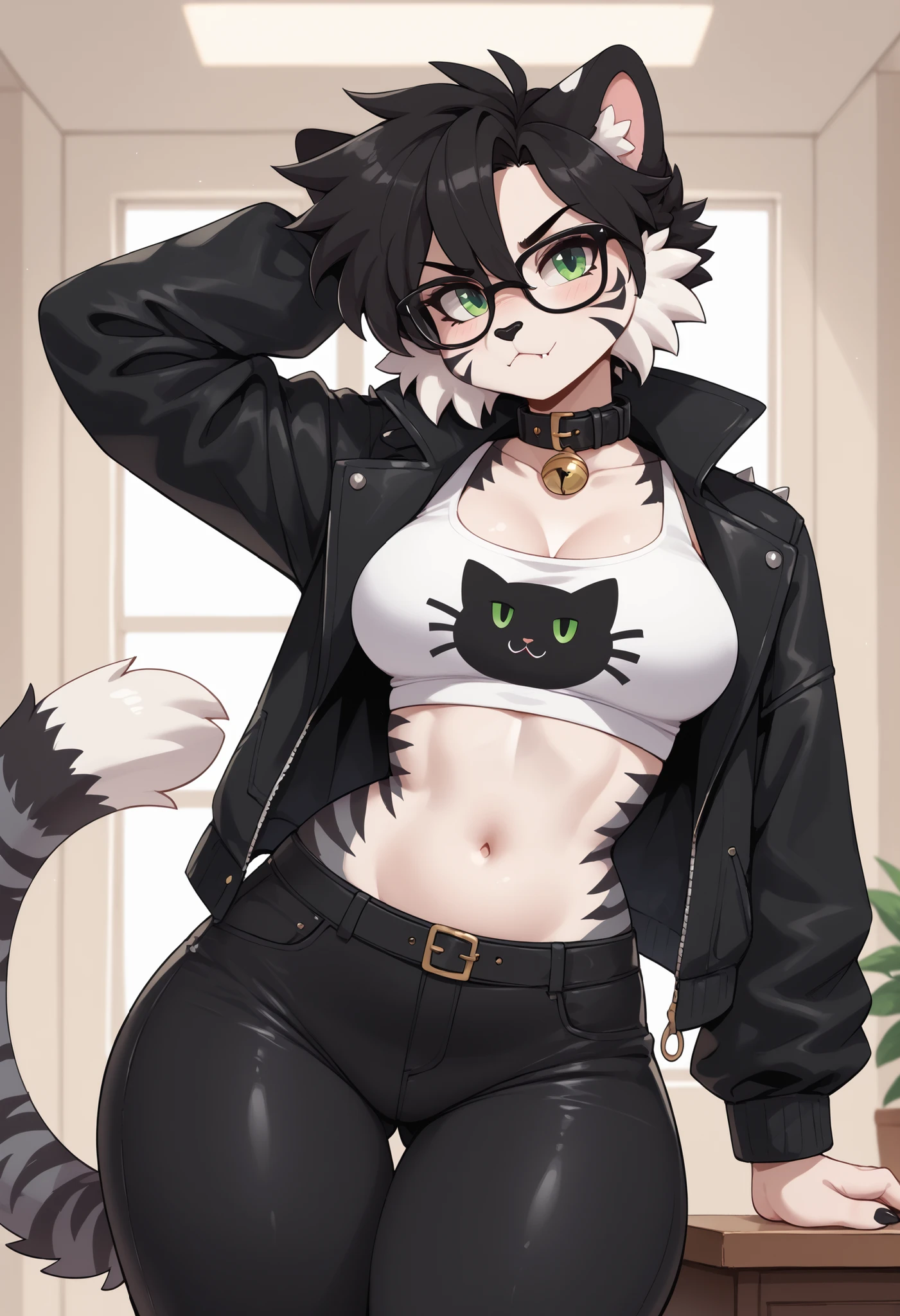 (Masterpiece) (High Detail) (High Res) A close up of a short, slim, curvy and cute fluffy black cat furry with Black and Dark Grey fur with black tiger stripes and white tummy fur and green eyes and a curvy effeminate shape and black spikey emo hair and thick thighs and curvy hips and a fluffy black stripy tail and a black cat nose and medium breasts. She is wearing glasses and has black spikey emo hair. She is looks grumpy and is wearing a black leather jacket and a crop top and a pair of leggings and a black collar.
