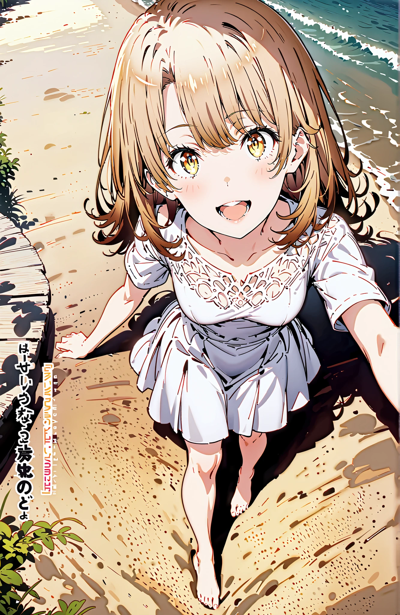 Irohaisshiki, Isshiki Iroha ,solo, long hair, brown hair, brown eyes,Medium breast, White Off Shoulder Dress,smile,cover,open your mouth,Glowing Skin,Short sleeve, white long skirt,bare feet,are walking,morning,full bodyがillustrationsに入るように,break outdoors,strand,sea,
break looking at viewer,full body,
break (masterpiece:1.2), Best Quality, high resolution, Unity 8k 壁紙, (illustrations:0.8), (beautiful detailed eyes:1.6), very detailed face, perfect lighting on the table, Extremely Detailed CG, (perfect hand, perfect anatomy),
