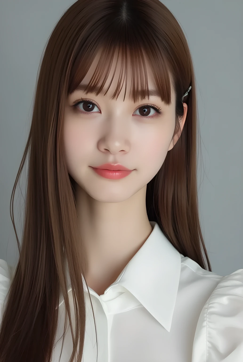 ultra-realistic, photorealistic, best quality, 8K, top-quality, masterpiece, ultra-detail, super high resolution, Improvement of quality, Enhances the beauty of skin texture, Clean and glowing skin, Smoother lighting, Improving the quality of cinema lighting, Backlight, A gentle light for face, 32K, 1girl, solo, Meru Nukumi, small head, perfect female body, Skinny, Slim Waist, large breasts, detailed skin, smooth skin, (fair skin, white skin:0.5), Beautiful Lips, Beautiful Face, (White Collared blouse), High resolution, Natural look, Improves hair quality, Delicate light and shadow, Beautiful Eyes, Sharp details, Soft light reflection, Delicate skin tone, Fine hair texture, beautiful hair, pink cheek, Light Smile, Beautiful and perfect face, perfect anatomy, Kind eyes, (beautiful black eyes, beautiful detailed eyes, detailed eyes:1.2), gray background, meru_nukumi, nukumi_meru_flux_, Upper Body:1.3, Portrait, from front, beautiful detailed face, face focus,
