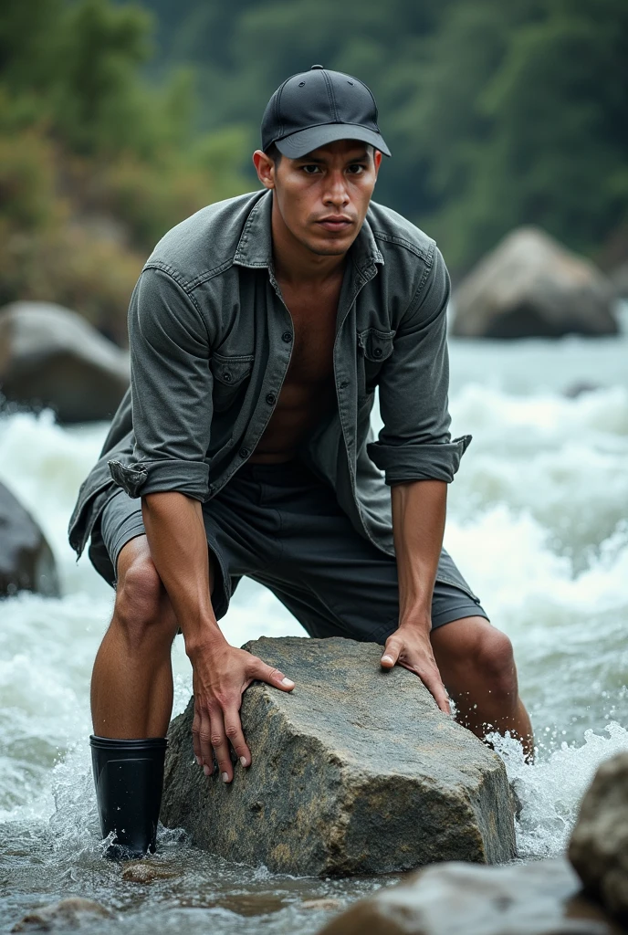 photorealistic,shirtless muscular man, wet body, half body in mud pit,
