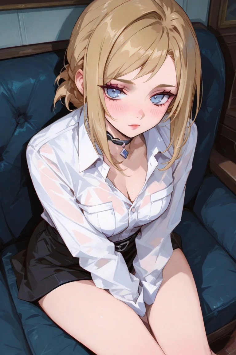 one-girl，golden hair，long whitr hair，red color eyes，Suits，Black suit，White shirt，with a huge mouth open，sitting in the couch，plumw，huge tit，fat hips，Thick thighs