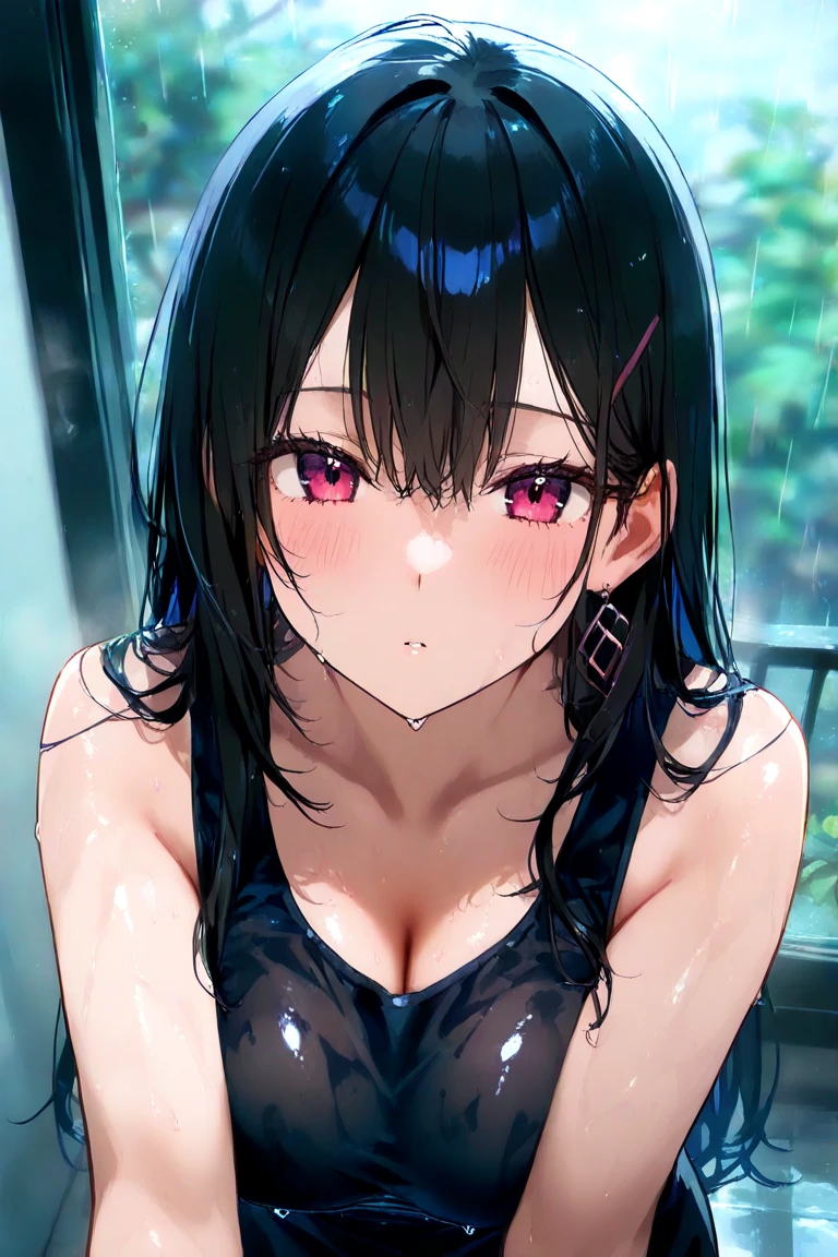 (masterpiece, absurdres, best quality, 8K, large masterpiece digital art, detailed manga illustration), perfect anatomy, (intricate details, ultra-detailed, illustration:1.3), (natural lighting, vivid colors:1.3), 1girls, bathroom, cropped top, wet, crying in the shower, sad face, shedding tears, wet shirt, hd quality, clear water drop particles, detail, looking at the viewer, add_detail:1