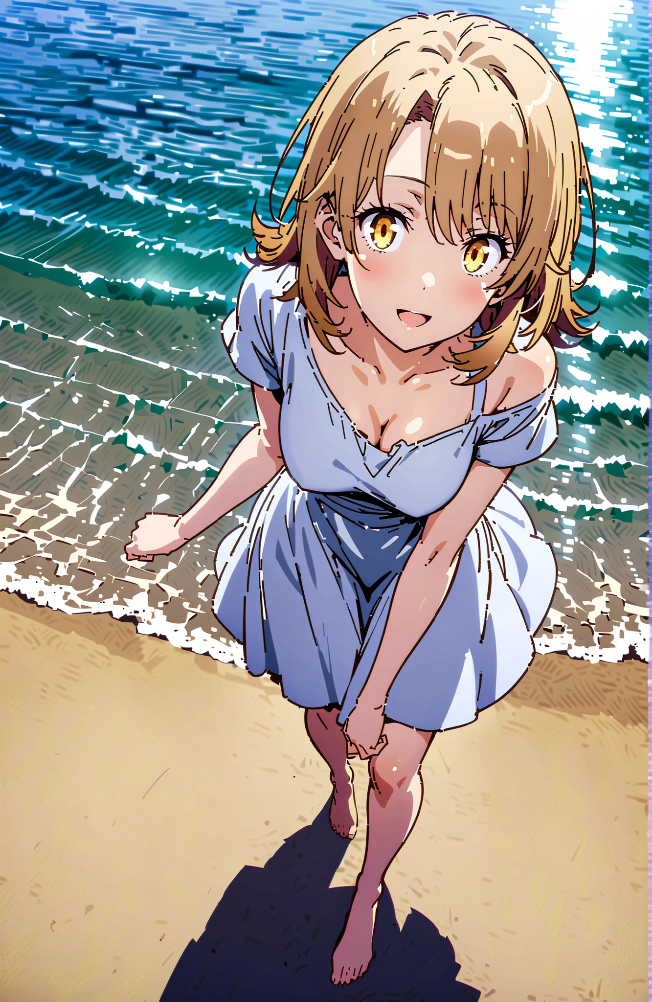 Irohaisshiki, Isshiki Iroha ,solo, short hair, brown hair, brown eyes,Medium breast, White Off Shoulder Dress,smile,cover,open your mouth,Glowing Skin,Short sleeve, white long skirt,bare feet,are walking,morning,full bodyがillustrationsに入るように,break outdoors,strand,sea,
break looking at viewer,full body,
break (masterpiece:1.2), Best Quality, high resolution, Unity 8k 壁紙, (illustrations:0.8), (beautiful detailed eyes:1.6), very detailed face, perfect lighting on the table, Extremely Detailed CG, (perfect hand, perfect anatomy),