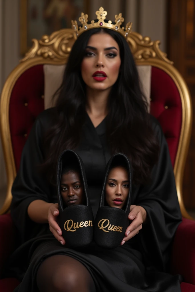 two blindfolded pony tail women in black long sleeved turtle neck lycra unitards trainers sitting in a luxurious baroque palace hotel suite waiting blindfolded to meet their unknown mother