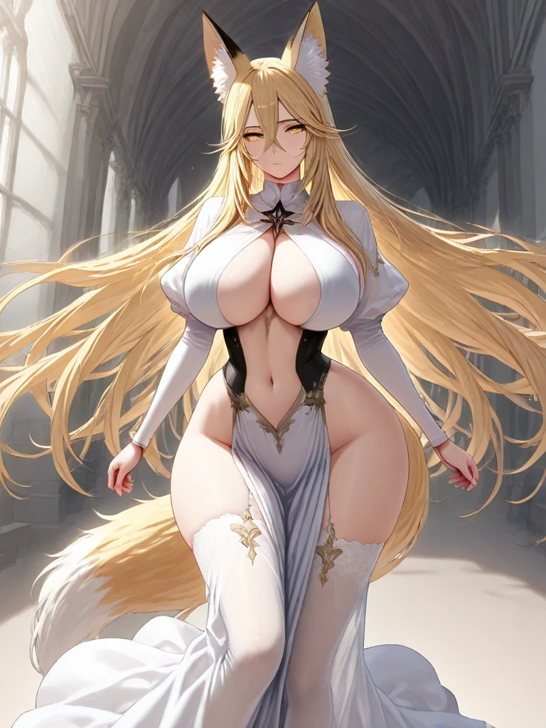 ((Best Quality)),( super high definition),(Super detailed),( detailed description ),((The best CG)),(masterpiece),(fox girl, fox ears,yellow eyes,iris,medium Brest,Slender waist ,wide hips)