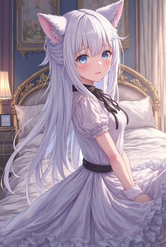 ((the night、beautiful illustration、topquality ,adult girl))、bed room、White-haired,Square hair、(((Pink Assistant)))、(((Pink nightgown)))、short sleeves、Normal size、bellybutton、((Throwing a skirt with your hands、showing white panties、Pull up the skirt,(Open panties)))、bare feet、e Blue eyes、In the beds、lovely thighs、glowing thigh、(((NSFW)))、