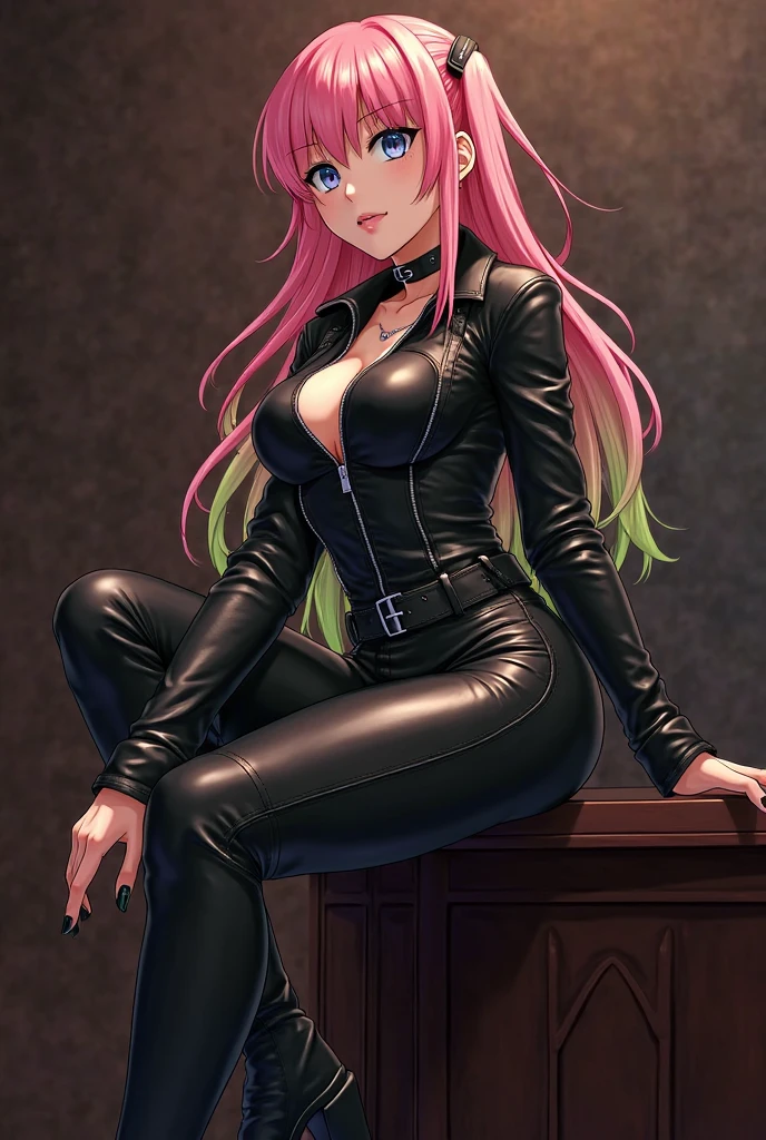 punk, 1girl, solo, Mitsuri Kanroji, twin ponytails, dark pink makeup, black lips, breasts, looking at viewer, skirt, large breasts, pink and green hair, long hair, jewelry, jacket, ass, earrings, miniskirt, piercing, spikes, cropped jacket, spiked collar, leather jacket, leather skirt, fingerless gloves, room, dark decorate room, in night, masterpiece, best quality, highly detailed