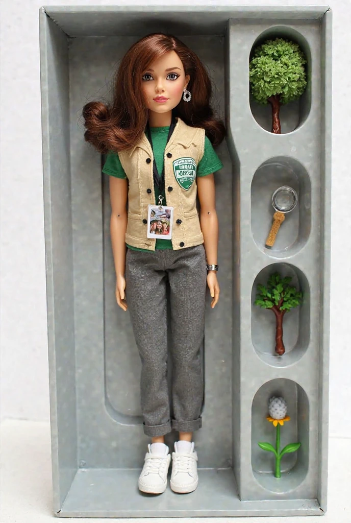 Create an image of a brunette blythe doll with brown hair, curly brown eyes, and Rosita makeup and a gray vest.,black pants and white sneakers