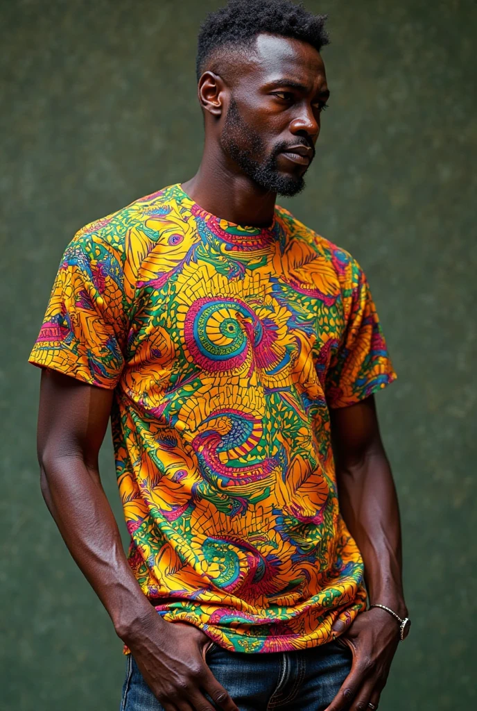 Kente pattern t-shirt design, vibrant colors, Ghanaian style