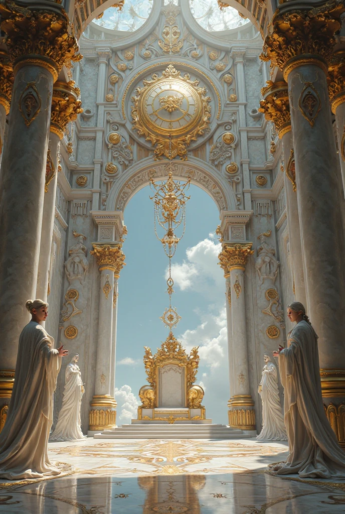 angels statue in silver in the front door, in the style of unreal engine 5, golden age aesthetics, impressive panoramas, luxurious interiors, vray, intricate ceiling designs, romanticized views