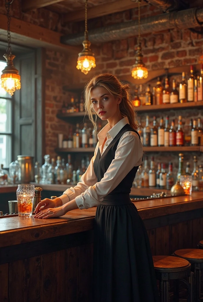 Create a realistic illustration of the interior of a bar at night