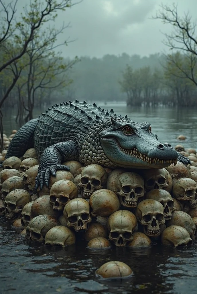 crocodile sitting in desert with 100 skull head in her feet