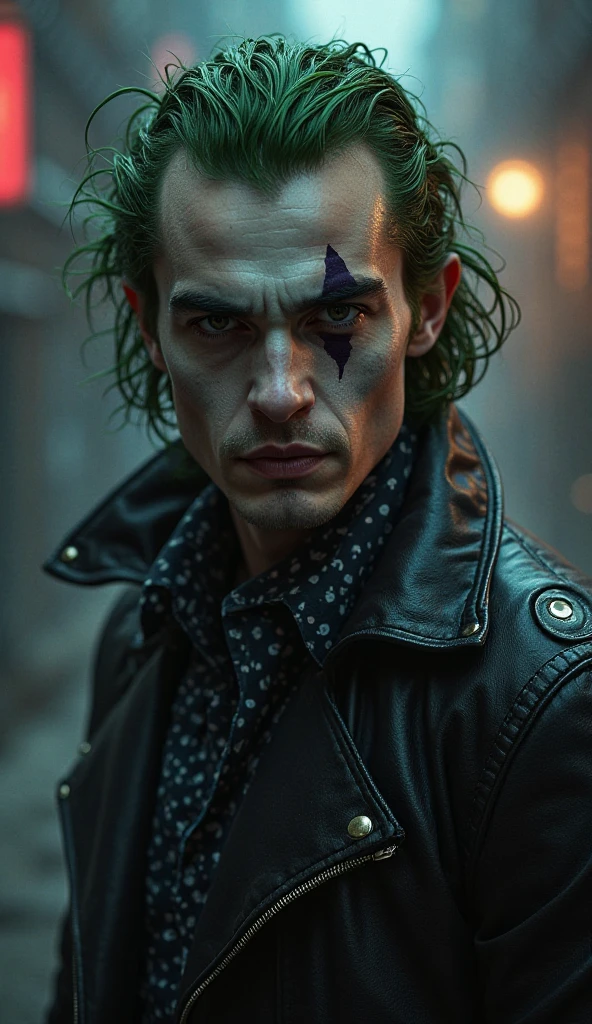 escuro e sombrio, 8k, a close-up photo of the joker sad expression with the tree behind him, Textura realista, dynamic compositing, Fujifilm XT2, 85mm F1.2, velocidade do obturador 1/80, (Bokeh), Alto contraste