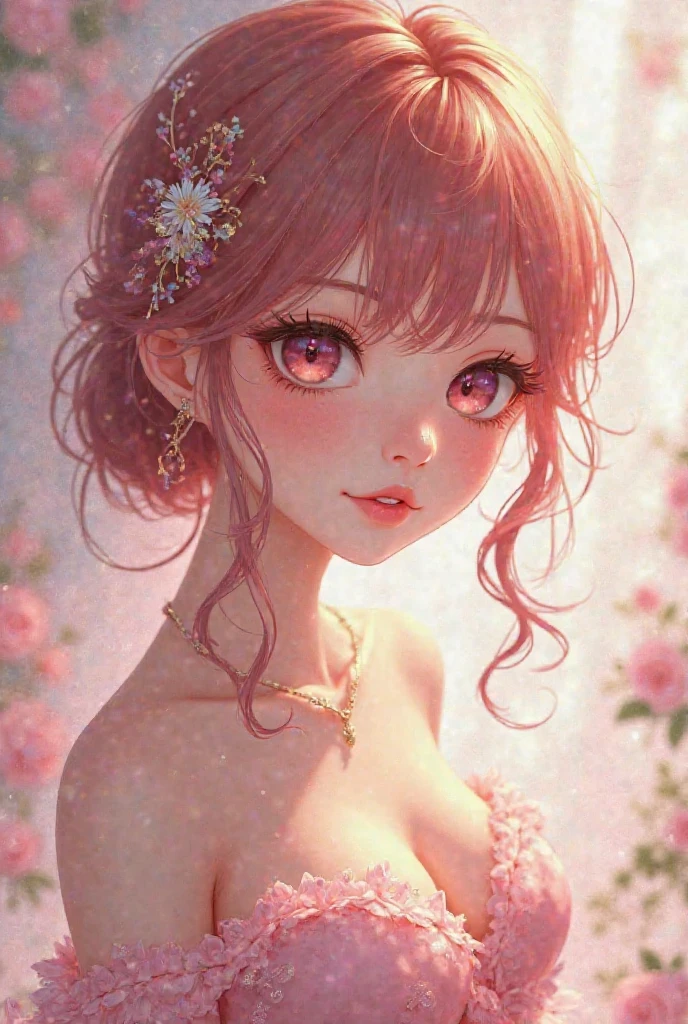 (Masterpiece, BestQuality:1.3), (ultra detailed:1.2), (hyperrealistic:1.3), (RAW photo:1.2), High detail RAW color photo, professional photograph, (Photorealistic:1.4), (realistic:1.4), (Pink Hair:1.5), professional lighting, perfect anatomy, (Big Breasts:1.2), (blush, detailed face), (A happy smile:1.7), sexly, erotic sexly, Random sexy gravure poses, (Beautiful woman in pink lace lingerie、Heart Shaped Pendant、The background is a flower field、Posing with a happy smile。:1.3)