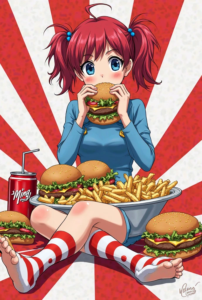 A beautiful illustration, lineart, bold coloring, advertisement, burger and fries, McDonalds, meal, ((food focus no people)) masterpiece, arakistyle, manga art, best quality, scan, red tones, illustration, JoJo, background, landscapes, anime, simple coloring, colorful
