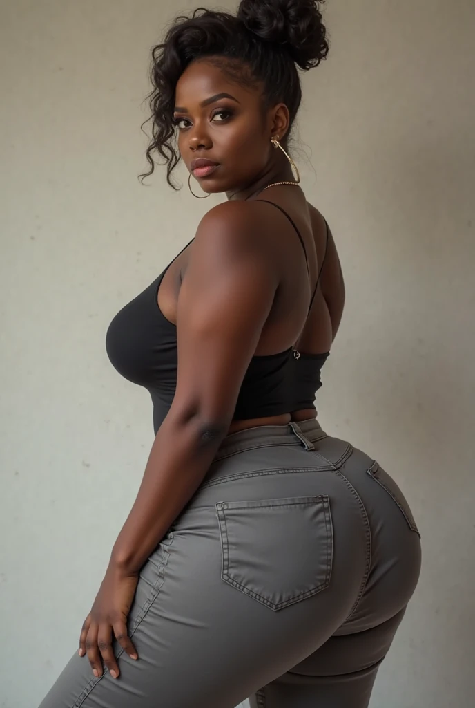 An African woman, well-built, with dark skin, standing, weighing 125 kg, wearing a mini skirt, beautiful face, brown eyes, and a curvy figure is walking down the street.,big booty