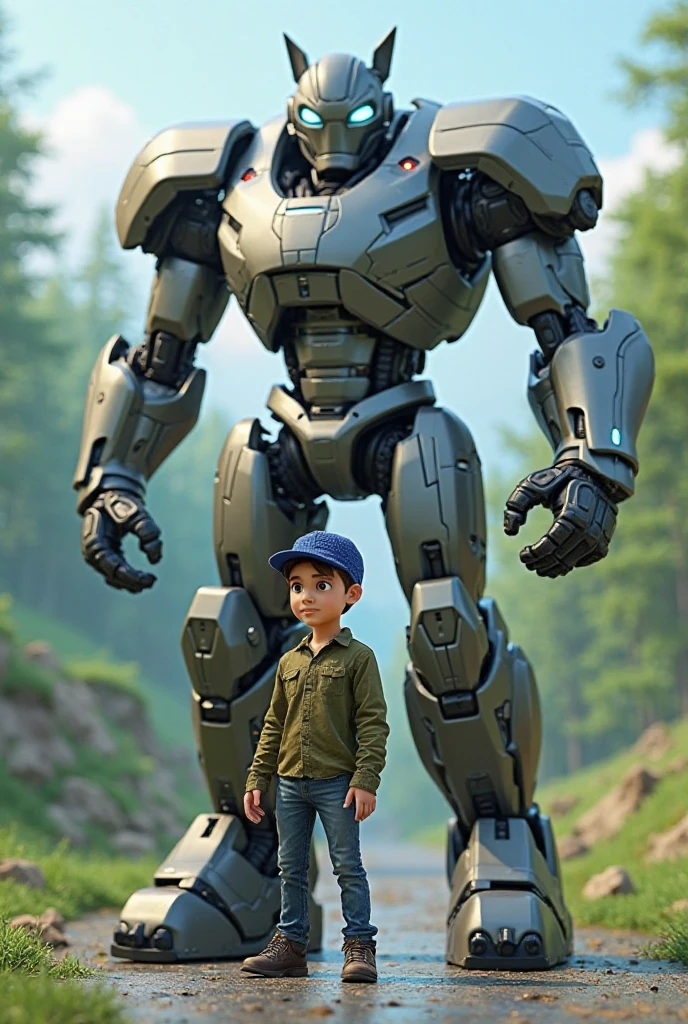 Cute baby boy Primer plano medio. Standing in A Fantasy Forest. Estilo mecha. Estilo disney. Renderizado 3D