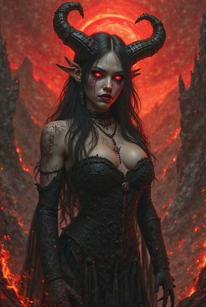 a sensual succubus, skin-tight black leather collant, vibrant scarlet eyes, red skin, large horns, large wings, red nails, curvaceous figure,with evil girl expression. highly detailed, cinematic lighting, dramatic shadows, photorealistic, dark fantasy, gothic, chiaroscuro, dramatic color palette, infernal atmosphere, fire background