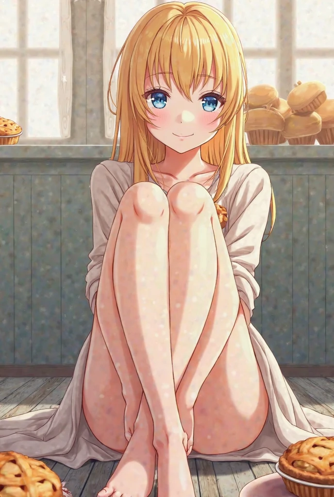 a young woman, 20 years old, blonde, straight hair, blue eyes, hole in her chin, BEAUTIFUL, PERFECT BODY, FULL BODY, IN THE LIVING ROOM, SITTING NAKED ON A SOFA WITH LEGS OPEN, HAPPY, on her back, showing her ass