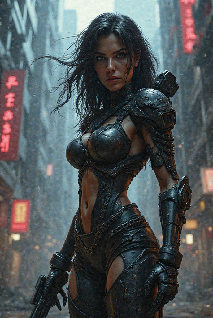 1 chica cyberpunk, pechos grandes, Equipo cyberpunk NSFW, Disparo de vaquero, dynamic pose, futuristic, mechanical aesthetics, Maquinaria compleja, Futuristic city high-tech lighting scene in the background, Motor virtual 5, cinematic lighting.