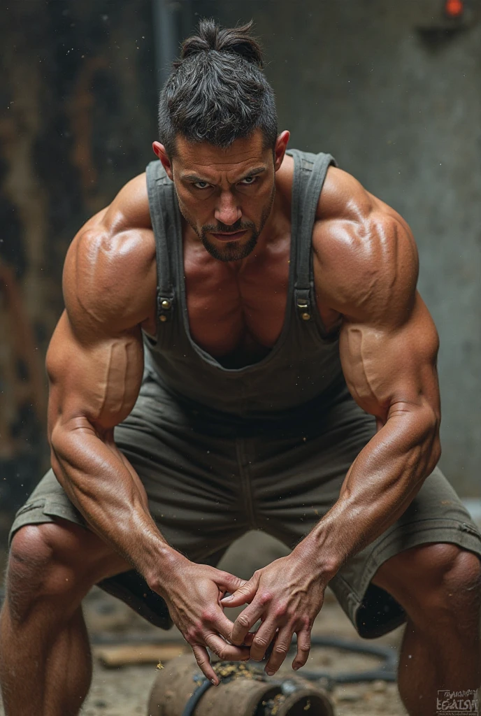 40-year-old fit, hairy man forced to do push-ups until exhaustion with a clothed person sitting on his back, seen from the side and half way up