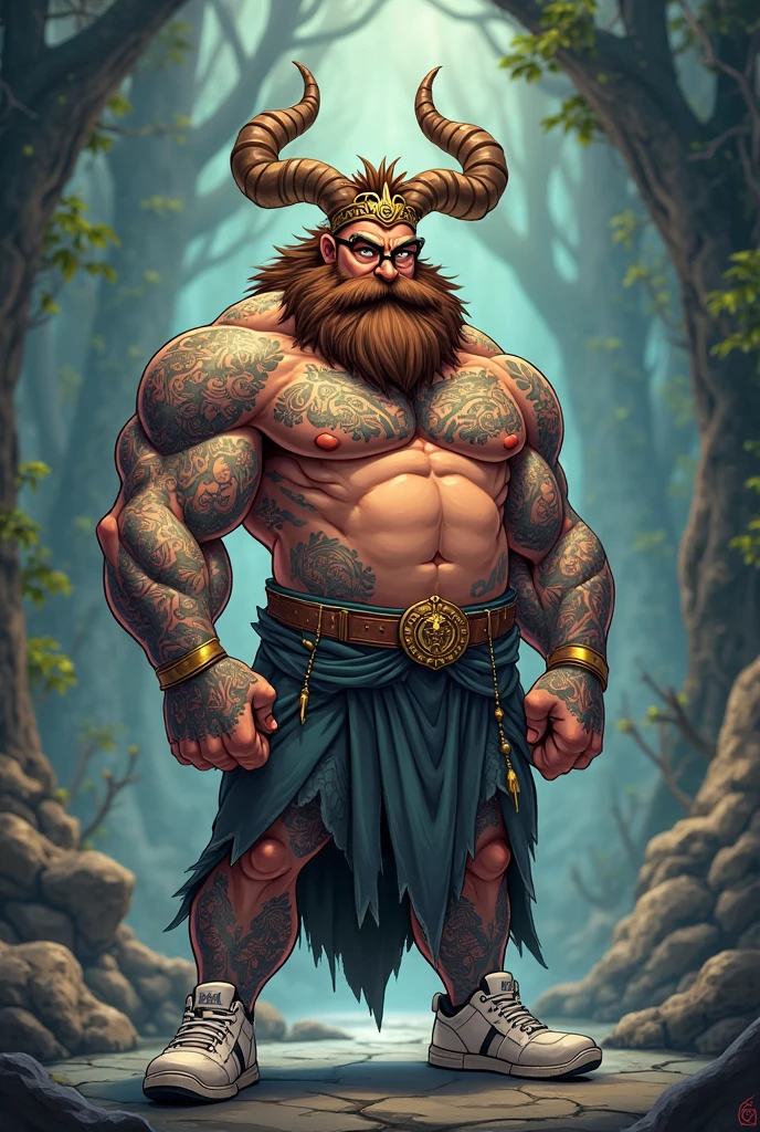 man, Viking, short stature, Age 60 years, strong, thick, big breasts, big belly, Red hair, big red beard, thick body hair, густые Red hair на груди, густые Red hair на животе, густые Red hair на лобке, густые Red hair на яйцах, tattoos on body, naked, Without clothing, no panties, short penis, very shy, the foreskin completely covers the head of the penis, In the woods, birch trees, nature