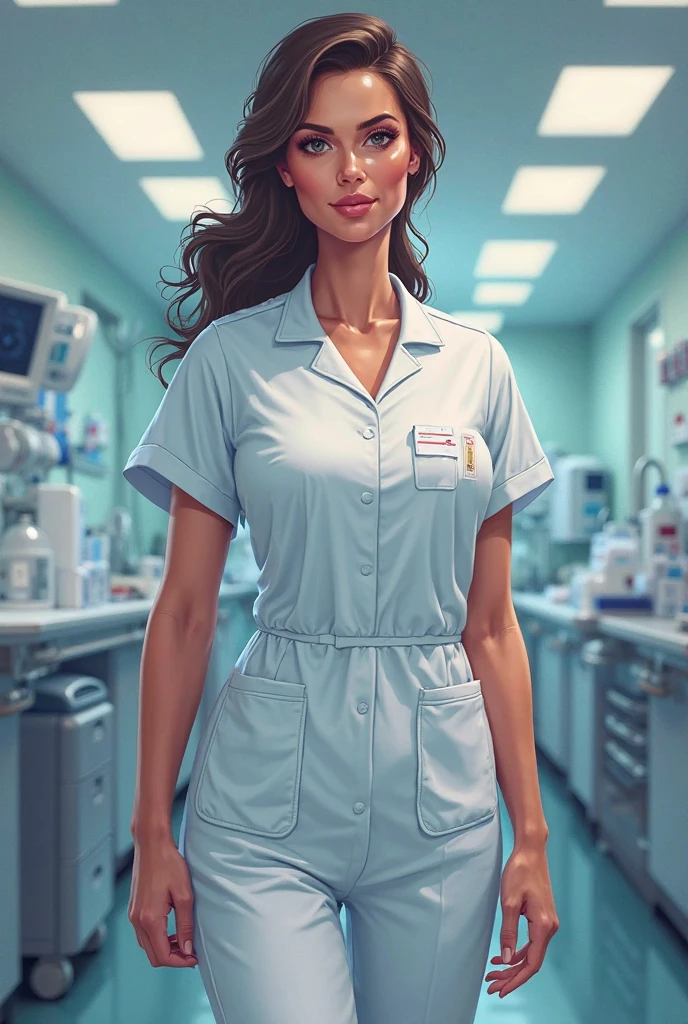 (medium full shot) of (gorgeous nurse) adult woman, philippine, tan skin, light brown eyes, full-figured build, red hair, wearing Monochrome pink ensemble with a fitted top, skirt, stockings, nurse cap, pink ballet flats, trauma shears, set in Linens Closet, Deep in the heart of the hospital, this closet houses stacks of crisp white sheets and fluffy towels, detergent, industrial washing machine , at night, ,Masterpiece,best quality, very aesthetic