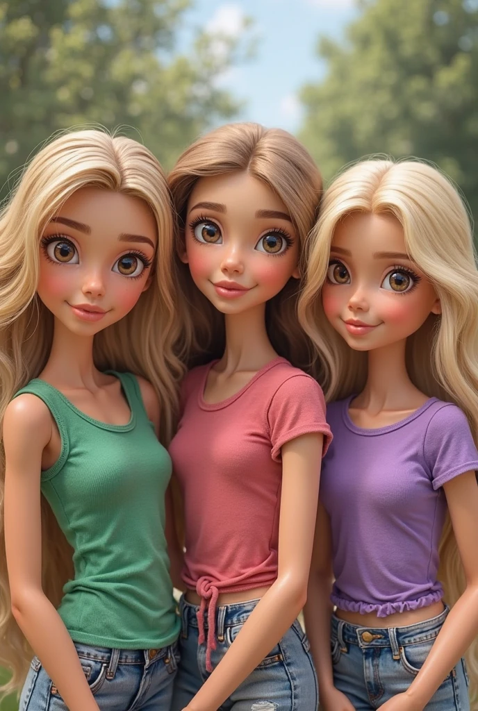 create three girls, one has big brown eyes with long brown hair with blonde highlights and small teeth. the second girl has brownish orange curly hair and bulgy teeth with brown eyes . the last girl has blond yellowish hair with sage green braces and big brown eyes