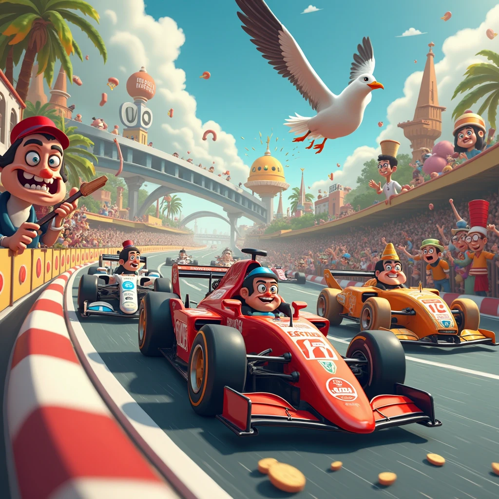 A chaotic and comical Formula 1 race featuring a mix of wacky, personalized race cars piloted by eccentric drivers. One car resembles a giant rubber duck, complete with bright yellow paint and an inflatable beak on the hood, while another is decked out as a mobile pizza oven, puffing clouds of smoke and the occasional pizza box. The lead car, shaped like a rocket-powered toaster, shoots out slices of bread as it zooms past competitors. The drivers, clad in absurd costumes—think a penguin suit, a superhero cape, or even a chef's hat—are locked in an over-the-top rivalry, each with exaggerated, animated expressions of determination.

The track winds through whimsical environments, including a giant bathtub with splashes of water, a loop-de-loop shaped like a doughnut, and a bridge made of spaghetti. The crowd joins the fun, with spectators wearing outrageous hats, waving oversized foam fingers, and chuckling at the antics. A mischievous seagull swoops down, narrowly avoiding one driver while stealing their mid-race snack.

Bright, cartoonish colors and exaggerated motion blur effects highlight the ridiculous speed and energy of the race. This composition should feel like a hilarious, high-octane cartoon come to life