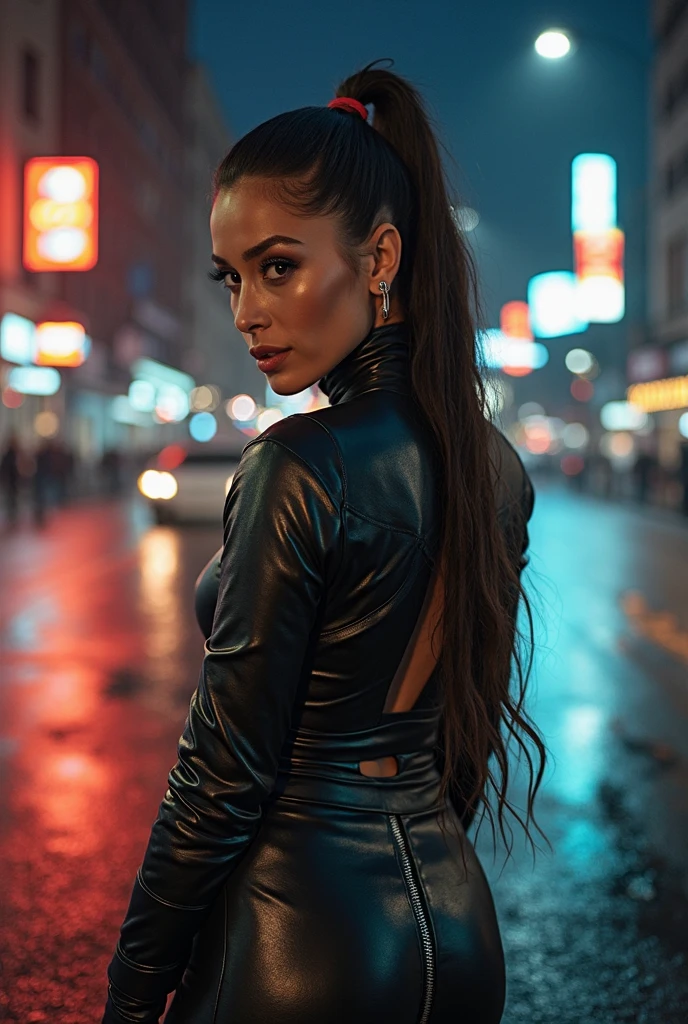 Photograph of the bustling streets of Yaowarat captured with an 800mm lens. of the Sony A90, with a young woman who looks similar to Lisa, with long black hair flowing in loose waves. She adorned her sequin vest, in the center of which was a large black star that shone under the midnight sky. The vest was paired with high-shine black pants that emphasized her powerful stance. The full moon hung low in the sky. Handsome, shining above the scene A young woman was caught dancing mid-dance. Her energy caused the crowd to gather around her, adding some neon signs in the background.