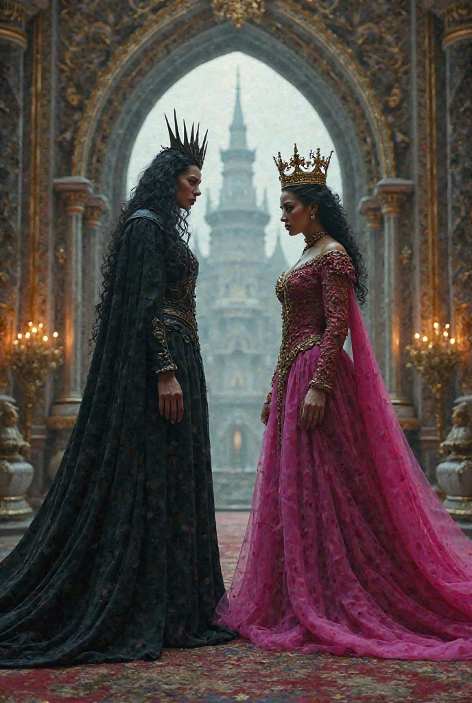 "A full-body shot of a (extra wide angle) in a dark low light medeval ballroom in an old palace. 2 queen twin sisters with big light-colored eyes, super-long shiny blackest hair, ((Detailed face:1.2)), perfect beautiful teeth, perfect hands, five fingers on each hand, big breasts cleavage, most perfect eyes 1:1, white perfect skin, rosy cheeks. They are dancing in a middle of a big enormous ballroom with sparkling pink cristals everywhere in the candelight 1:1 Wearing a layered black, white and gold ballroom dresses with lace and shiffon. leans bending to the side nonchalantly beside a black thrown. On their head is a gold crown, adorned with pink crystals 1:1. A white cat lounges on the floor in front of her 1:1, while a blue bird perches atop the throne. The scene includes a elegant, extraordinairy beautiful gothic empresses, striking a bendover poses, excited and laughing. their long black hair flowing all around. Embodying a beautiful yet disheveled gothic queens (Best Quality) (Detailed). The environment exudes a medieval fantasy vibe, with a big black intricate throne in a corner, a dark medeval chandelier with few candles hanging from the ceiling a very low romantic lighting. In a fantastic scene that uses 3D Surreal 3D model. Big gold gothic medieval five armed candlesticks sit on a blacktable, surrounded by crystal wine glasses—one tipped over and another half-full of wine. The entire setup is Best Quality, masterpiece yet regal, capturing the essence of a beautiful and happy girls, fantastical gothic setting, moist. Low lighting under neath, framed with the grandeur of medieval gothic style. photographed in a Canon EOS R5, 50mm Lens, F/2.8, nffsw, (8K)"