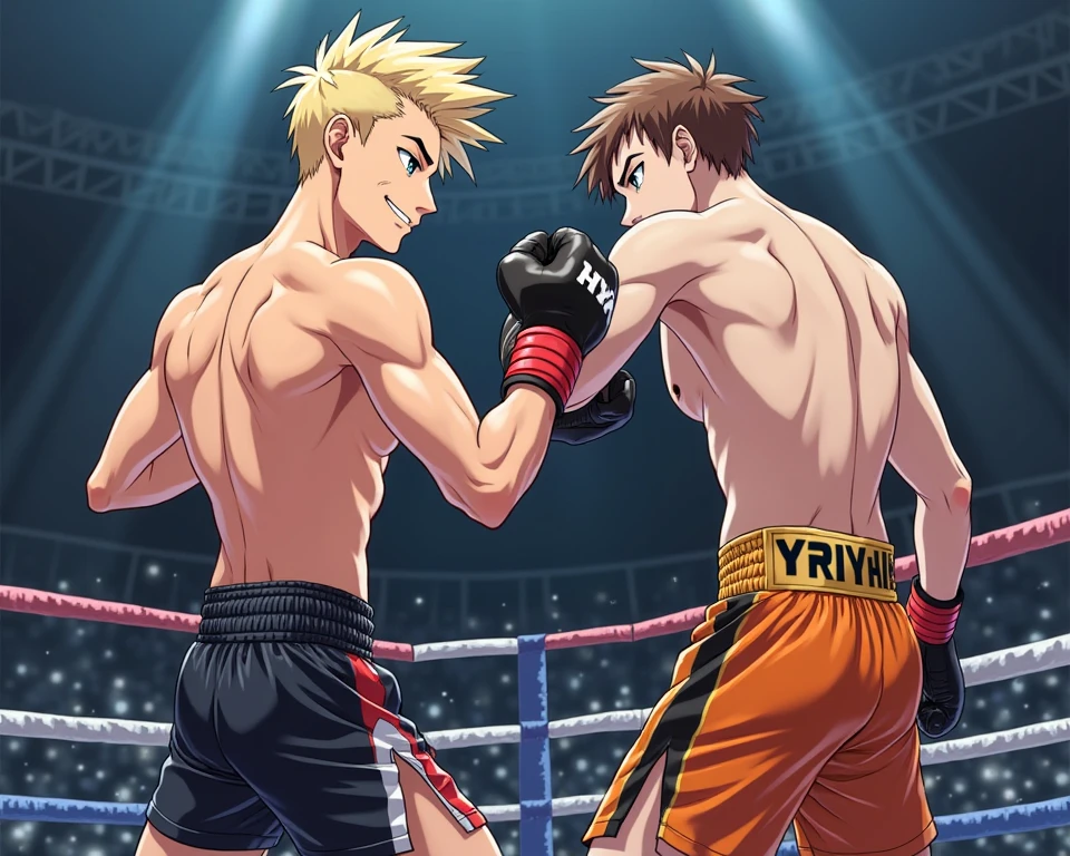 Title: "Epic Boxing Duel: Final Showdown"

Prompt:

1. Transport viewers to a climactic anime scene, where two formidable boxing athlete face off in a final boxing match night.

2. Envision the boxers wearing specialized boxing gloves.

3. Craft the scene with the distinct aesthetic of Stable Diffusion 1.5, emphasizing smooth transitions and fluid animations to enhance immersion.

4. Define the characters: one boxer a handsome blonde, the other in a fierce red hair.

5. Illustrate the boxers' movements with precision and grace, each gesture unleashing torrents of punch.

6. Illuminate the battlefield with dynamic lighting effects, casting dramatic shadows and highlights to heighten the intensity of the confrontation.

7. Introduce environmental elements such as flash lights and majestic lighting, adding depth and complexity to the match night ambiance.

8. Convey the fierce determination in the boxers' expressions as they unleash devastating punch upon each other, their eyes ablaze with unyielding resolve.

9. Showcase the versatility of the boxing gloves, as the boxers position their bodies in fighting stances.

10. Capture the ebb and flow of the battle with dynamic camera angles, drawing viewers into the heart of the boxing duel.

11. Ensure every frame is meticulously detailed, from the ornate designs of the boxing gloves to the mesmerizing patterns of the fighting ring.

12. Optimize the animation for Stable Diffusion 1.5, ensuring the highest quality and visual fidelity to deliver an unforgettable final showdown scene.