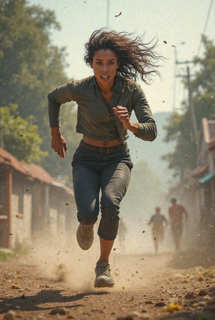 bootsnutes, shirt tucked in, green shirt, t-shirt, camouflage pants, black belt, belt buckle, outdoors, 1girl, trail, mountain, running, gigantic breasts, bouncing breasts, unaligned breasts, motion lines, motion blur, rock, explosion