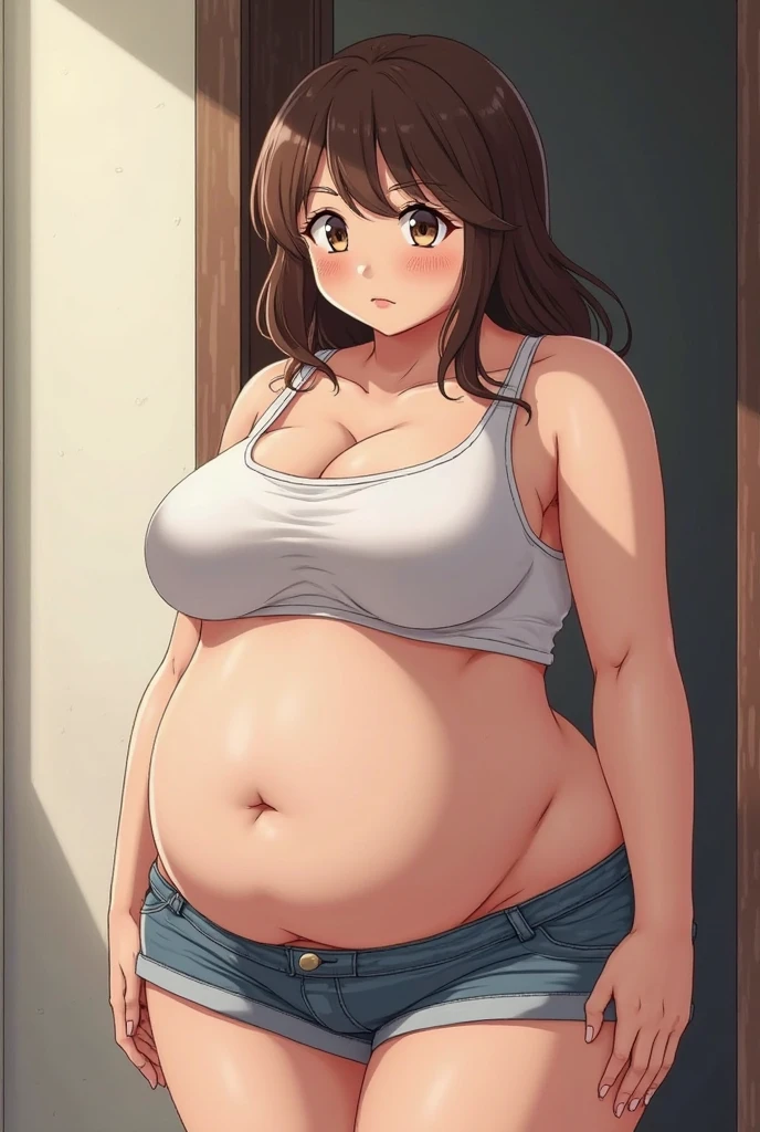 ((masterpiece, best quality:1.4)), illustration, 8k, hd, cowboy shot, anime style, detail face, detail eyes, student girl, school, student outfit, big boobs, big belly, brown hair, blue eyes, fully clothes