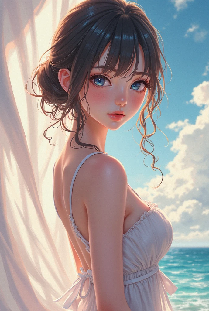 (masterpiece, face focus, profile: 1.3), (8K, Raw Photography, Top Image Quality: 1.4), gravure, splendid and colorful,  kawaii petit little 1loli:1.3, (small cleavage:1.2), Super Detail cute Face, perfect pupil of the Eyes of Detail, anime style big eyes with eyelashes, Double Eyelid, Sharp Focus:1.2, Pretty infant:1.4, Top-Quality, Super A High Resolution, (Photorealistic: 1.4), Highly Detailed and professional lighting full smile, break, loose and light white camisole, shoulder out, nipples slip, natural facial expression, medium hair, fatal position, gorgeous background