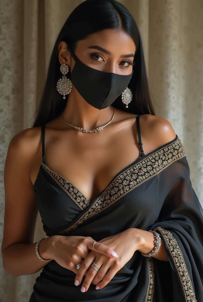 Indian girl in black banarasi saree cleave gagged