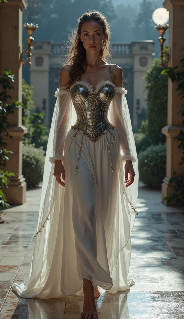 In the foreground a Caucasian woman with a light tan, purple eyes, brown hair in a chest-length bob, with a slight smile walking and looking ahead with a soft expression. A silver diadem on the head, a white dress with gold trim and a silver corset at the waist, holding a white staff with a purple gem at the tip decorated with flowers. In the background a waterfall with vegetation and small colorful birds.