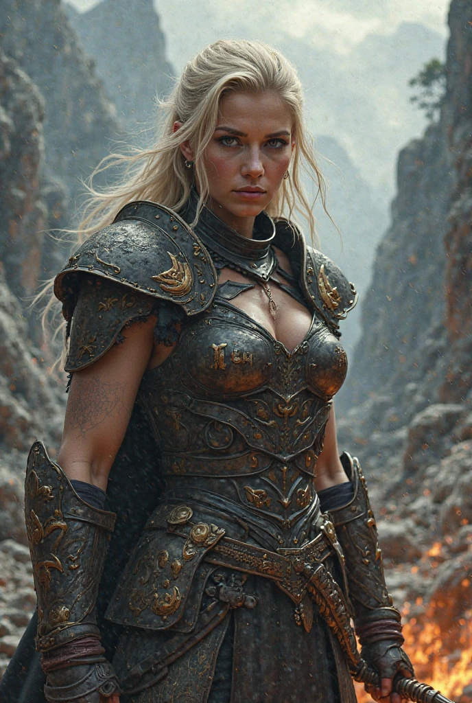 1 woman, mature woman, solo focus, 25 years old, beautiful Swedish woman, brutish, toned body, blond viking hair, viking leather armor, toned abs, medium breasts, bluish eyes, holding battle axe, screaming, masterpiece, ultra HD, insane details, realistic, detailed face, face paint, detailed skin texture, blurred background, battle field, dynamic angle, berserk,norse, berserker, big arm muscles, leg muscles, (bulky), leather straps, (((large breasts))),(((blue Norse tattoos))),fit, muscled, detailed face, earrings, ((braided hair)),(((wearing rune etched full plate mail armour))